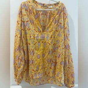 Zara Yellow and Brown Patterned V-Neck Blouse